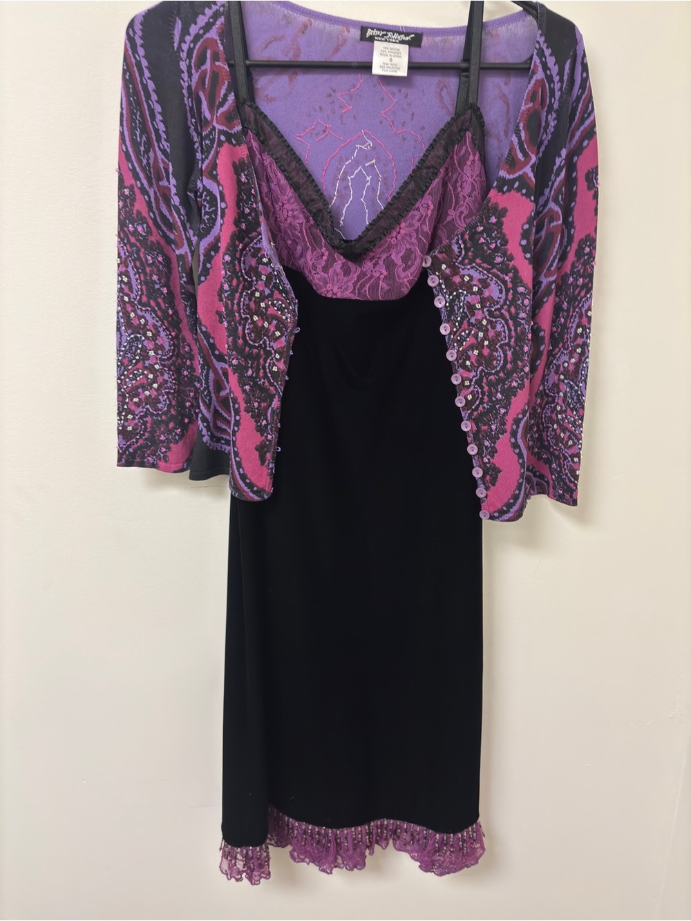 Betsey Johnson Black Slip Dress with Pink & Purple Lace Accent